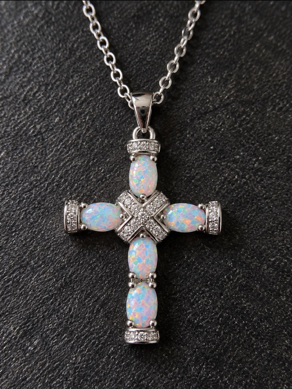 18K White Gold Fire Opal Cross Necklace CZ Created Opal Christian 18-20in Plated